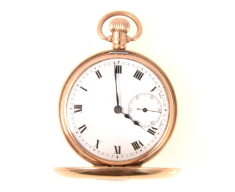 A 9 carat yellow gold demi-hunter pocket watch, the white enamel dial having a roman numeral chapter ring and subsidiary seco