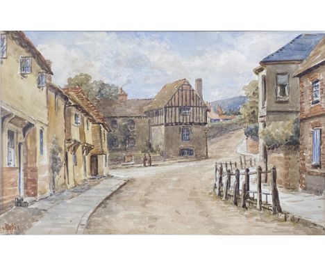 English School, Village street, monogrammed HM, dated 1903, watercolour, 20cm x 33cm; three other watercolours, monogrammed F