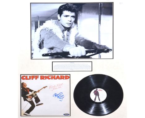 Two framed signatures; Cliff Richard signed vinyl album cover 'Rock 'n' Roll Juvenile', framed with photo from 'Summer Holida