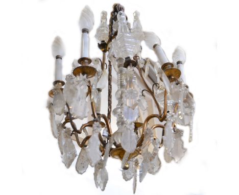 Brass and cut glass chandelier, six lights, approximate drop 66cm, (a.f.).