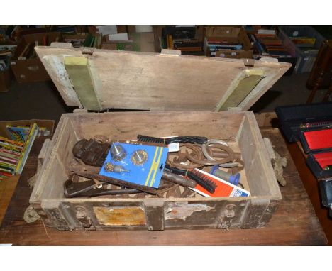 Wooden ammunition crate containing various assorted tools