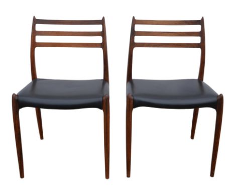 NIELS OTTO MOLLER for JL MOLLERS, pair of Model 78 rosewood dining chairs, with black leather upholstery, labels to seat rail
