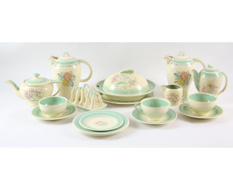 SUSIE COOPER, a part tea and coffee breakfast set, to comprise two hot water jugs and covers, tea pot and coffee pot with cov