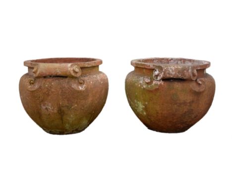 COMPTON POTTERY, pair of terracotta 'Scroll pots', impressed boss marks to body, 47cm high x 52cm diameter (2)