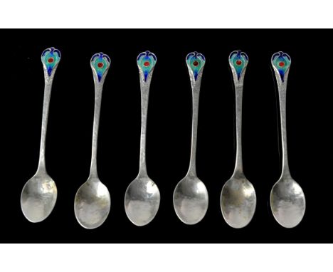 REUBEN WATTS (NEW ZEALAND, 18691940) a rare set of six hand hammered Arts and Crafts period silver and enamel teaspoons, the 