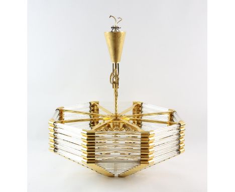 DESIGNER UNKNOWN, a gilt metal and glass ceiling light, of octagonal form, with tubular glass elements, 35.5cm high x 45cm di