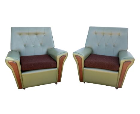 UNKNOWN DESIGNER, a pair of green faux leather button backed armchairs, 84cm high x 80cm wide x 80cm deep (2)