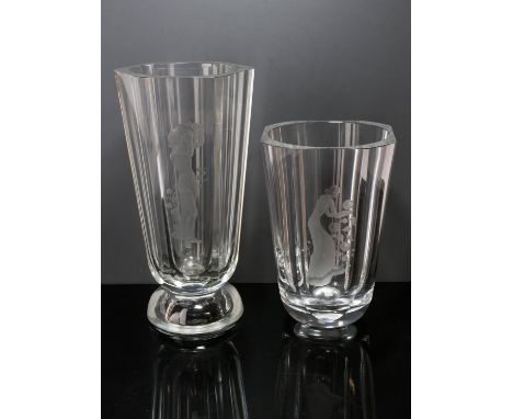MANNER OF SIMON GATE, ORREFORS, a clear glass vase, decorated with a woman cupping a flower, numbers to base Orrefors N2390. 