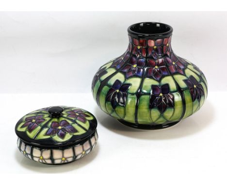 SALLY TUFFIN (BRITISH, b. 1938) for MOORCROFT, Violet designed squat oblate vase with cylindrical flared neck (shape 32/8), c
