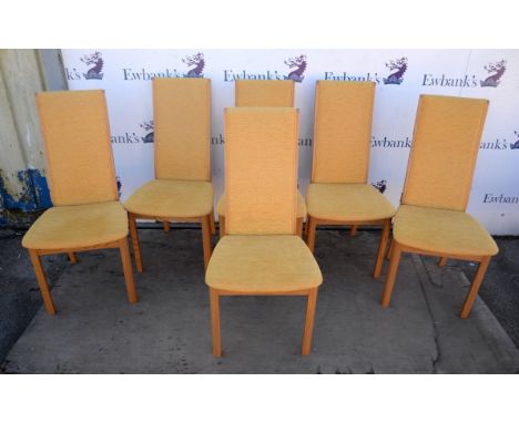 ERCOL, set of six beech dining chairs, with yellow upholstery, 104cm high (6)