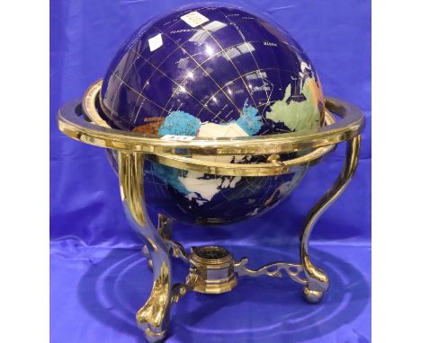 Large globe  set with semi precious stones, on brass stand with compass, D: 40 cm. Not available for in-house P&amp;P, contac