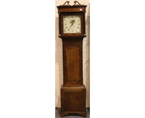 E Jones Dolgelly oak longcase clock with enamelled painted dial and date aperture, H: 203 cm. Not available for in-house P&am