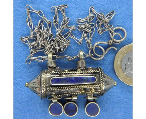 Turkish white metal lapis lazuli set note carrier on chain. P&amp;P Group 1 (£14+VAT for the first lot and £1+VAT for subsequ