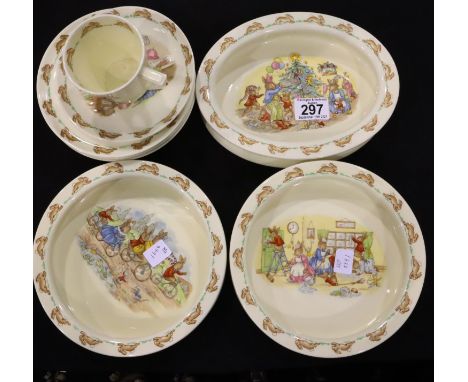 Royal Doulton Bunnykins; oval bowl, cup and saucer set, two serving bowls and six further bowls. Not available for in-house P