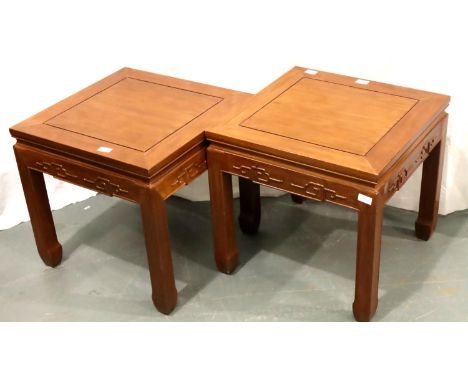 A pair of Oriental hardwood square lamp tables, each 54 x 54 x 51 cm H. Not available for in-house P&amp;P, contact Paul O'He