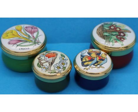 Four original Crummles enamel pill boxes of various sizes, unboxed. P&amp;P Group 1 (£14+VAT for the first lot and £1+VAT for