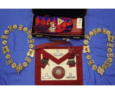 Brown leather regalia case containing Royal Arch apron, sash and jewels. P&amp;P Group 2 (£18+VAT for the first lot and £3+VA