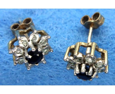 Pair of 9ct gold earrings set with sapphires and diamonds, combined 1.7g. Both butterfly backs present. P&amp;P Group 1 (£14+