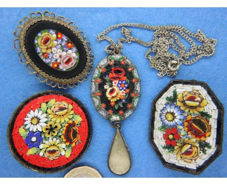 Three Italian Micro Mosaic brooches and a similar pendant. P&amp;P Group 1 (£14+VAT for the first lot and £1+VAT for subseque