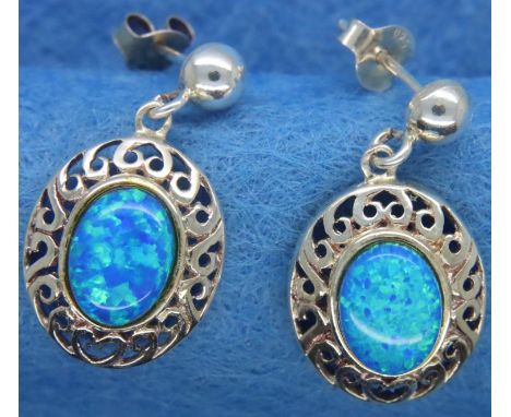 Pair of 925 silver opal set drop earrings, drop L: 21 mm. P&amp;P Group 1 (£14+VAT for the first lot and £1+VAT for subsequen