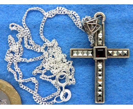 Garnet and marcasite cross on a silver chain. P&amp;P Group 1 (£14+VAT for the first lot and £1+VAT for subsequent lots) 