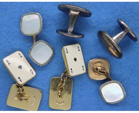 Three pairs of cufflinks including mother of pearl example. P&amp;P Group 1 (£14+VAT for the first lot and £1+VAT for subsequ