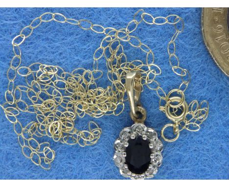 9ct gold neck chain, L: 44 cm with a sapphire and diamond pendant, combined 1.3g. P&amp;P Group 1 (£14+VAT for the first lot 
