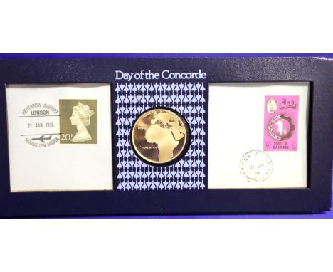 John Pinches Day Of The Concorde commemorative issue stamps and coin dated 21/01/1975. P&amp;P Group 1 (£14+VAT for the first