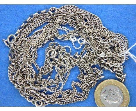 Six mixed 925 silver chains, longest L: 64 cm, combined 34g. P&amp;P Group 1 (£14+VAT for the first lot and £1+VAT for subseq