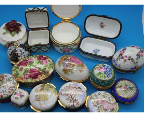 Limoges; collection of mixed ceramic trinket pots and four Royal Doulton Cicely Mary Barker enamel pots (15). P&amp;P Group 3