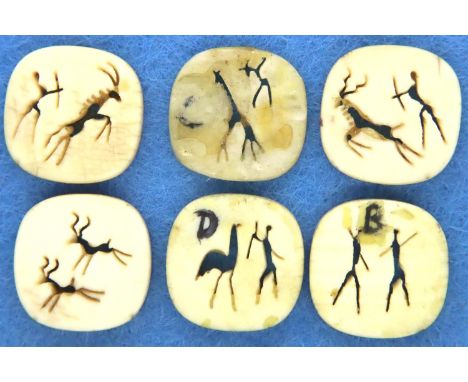 Six small antique ivory panels with incised hunting scenes, 17 x 17 mm. P&amp;P Group 1 (£14+VAT for the first lot and £1+VAT