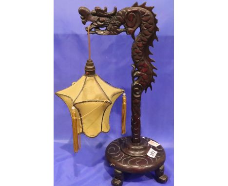 Chinese hardwood dragon lamp with shade, H: 53 cm. No plug, not working at lotting. Not available for in-house P&amp;P, conta