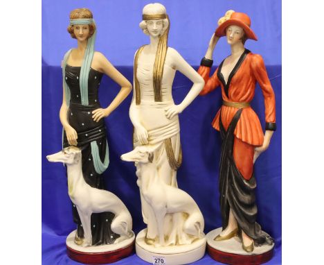 Three large ceramic Art Deco ladies, H: 70 cm. Not available for in-house P&amp;P, contact Paul O'Hea at Mailboxes on 01925 6