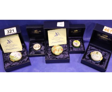 Five original Crummles enamel pill boxes with original boxes, various sizes. P&amp;P Group 1 (£14+VAT for the first lot and £