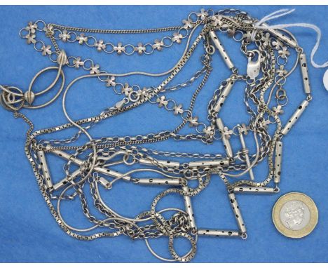 Seven mixed 925 silver chains, longest L: 58 cm, combined 67g. P&amp;P Group 1 (£14+VAT for the first lot and £1+VAT for subs