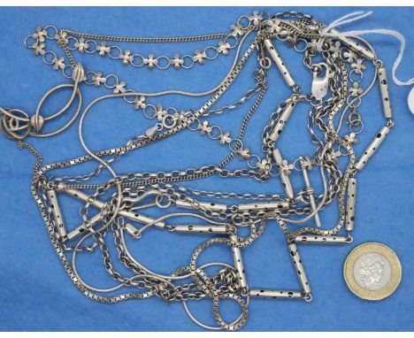 Seven mixed 925 silver chains, longest L: 58 cm, combined 67g. P&amp;P Group 1 (£14+VAT for the first lot and £1+VAT for subs