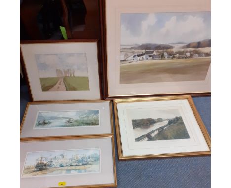 Four watercolours to include two Fishguard harbour scenes, together with a print of The Thames at Pangbourne, Location RWM 