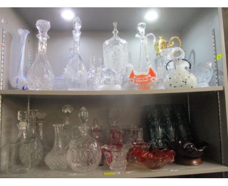 A mixed lot of glassware to include fourteen decanters, an Austro/German ruby flashed and pressed glass ornaments, art glass 