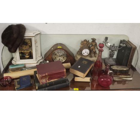 A mixed lot to include a French Henry Marc mantel  clock A/F, two other clocks, a silver dressing table set, mixed books, gla