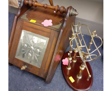 A mahogany coal scuttle with mirrored front panel, shovel and contemporary novelty wine bottle holder/pourerLocation: RAM 