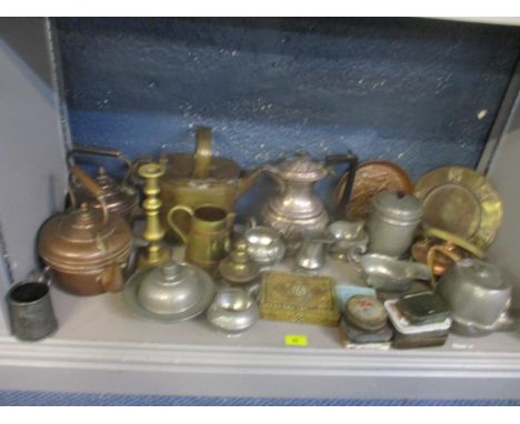 A lot of mixed metalware to include copper kettles, pewter ware, brass candlestick, vintage tins and other items, Location 7: