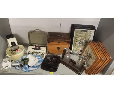 A mixed lot to include a Kenwood mixer, vintage typewriter, an adapted early 20th century treen box, tantalus, mixed engravin