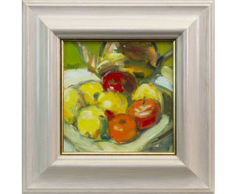 * GORDON BRYCE RSA RSW (SCOTTISH b 1943), APPLES oil on board, signed and titled verso 30cm x 30cm Framed and under glass. No