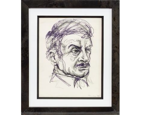 * PETER HOWSON OBE (SCOTTISH b 1958), MAN'S HEAD ink on paper, signed and dated '70 19cm x 15cm Mounted, framed and under gla