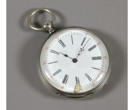 A silver cased pocket watch with enamel dial and Roman numeral markers. (AF)