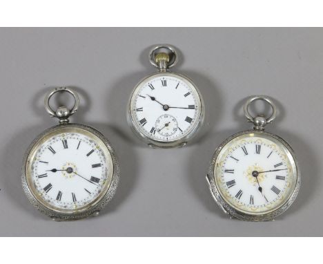 Three antique Continental silver cased fob watches. Each with enamel dials and two with engraved outer cases. 