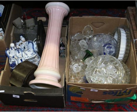 Two boxes of miscellaneous to include clear glass fruit bowls, drinking glasses, figurines, ceramic jardiniere stand, cutlery