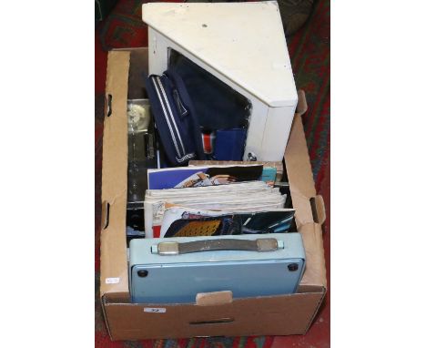 A box of miscellaneous to include Imperial typewriter British Rail hat, railway magazines painted bathroom cabinet with mirro