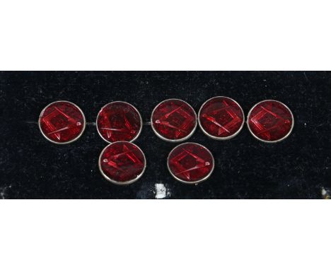 Seven cased sterling silver and red enamel large buttons decorated with Masonic motifs, 19mm diameter.  Condition Report. To 