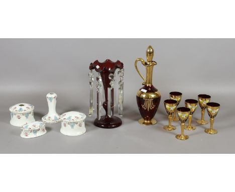 A ruby glass lustre along with a similar Murano decanter and liquor glasses with gilt decoration, seven pierced Copenhagen po